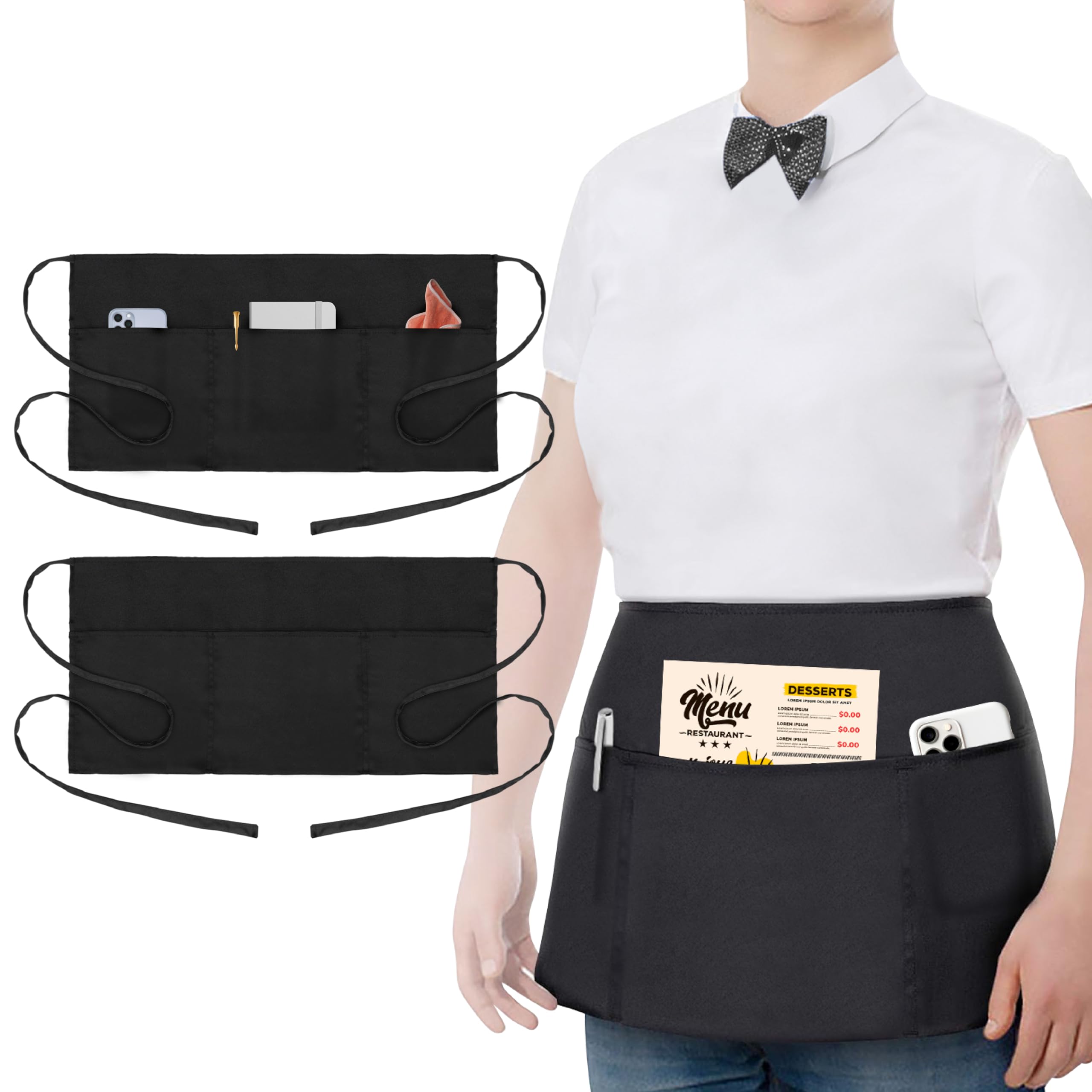 2 Pack Waitress Apron - Server Aprons with 3 Pockets - Water
